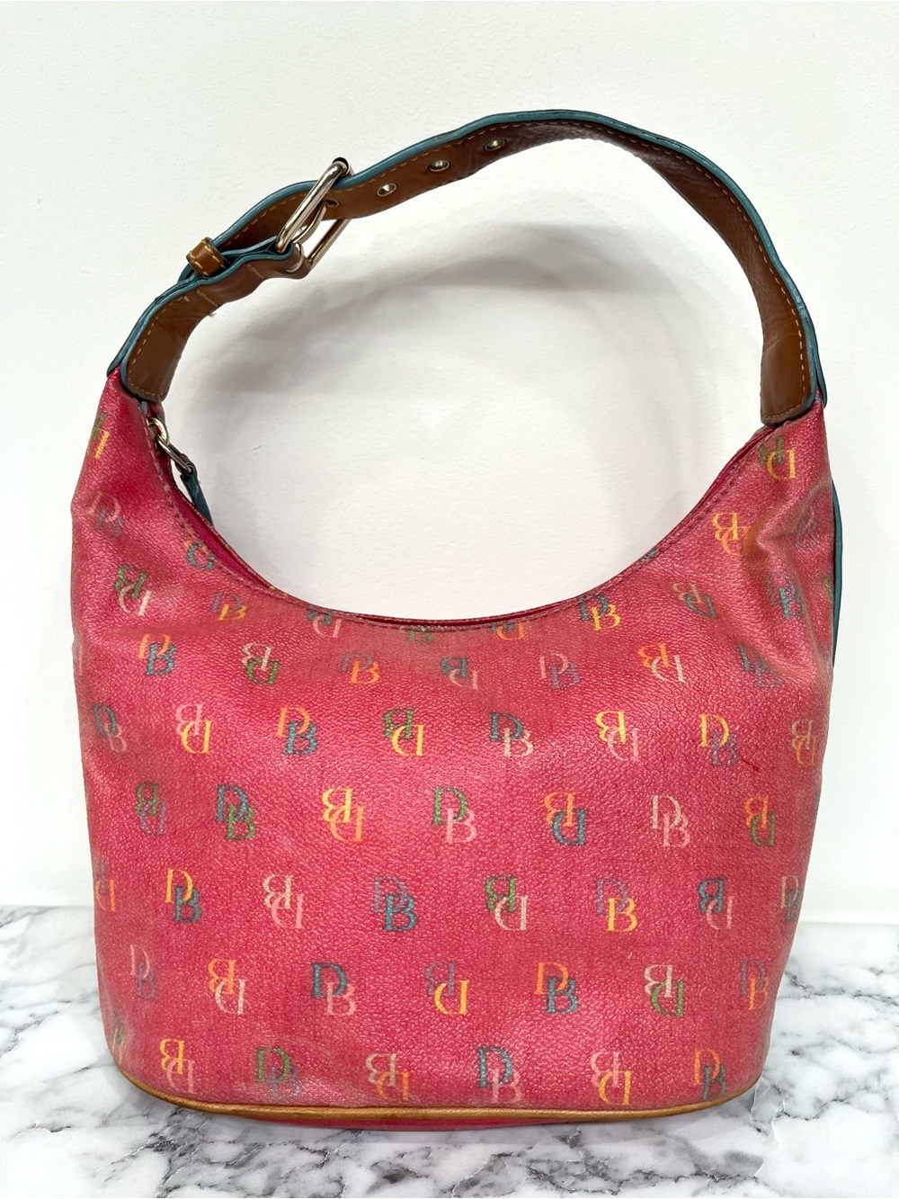 Dooney & Bourke Vintage Pink Multicolor Rainbow Logo Hobo Shoulder Bag Y2K - Picture 2 of 16